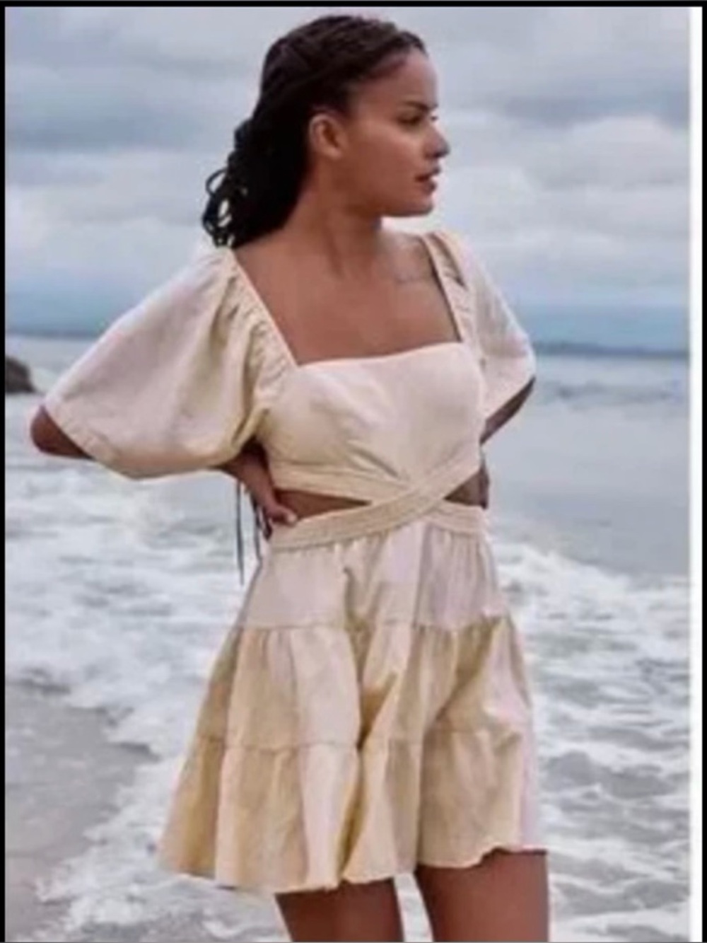 Free People Cross Of Sunlight‎ Cut Out Linen Mini Dress Womens XSmall Tan Ruffle